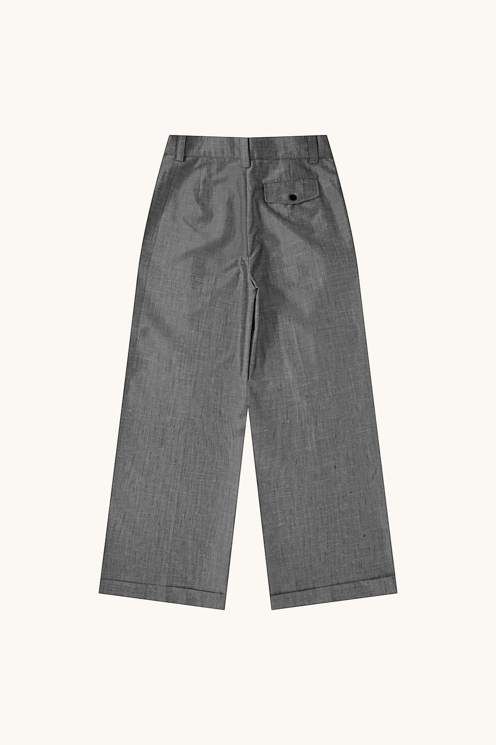 MEG.S grey wool-silk blend pleated chino trousers with a wide, straight cut and a single back pocket.