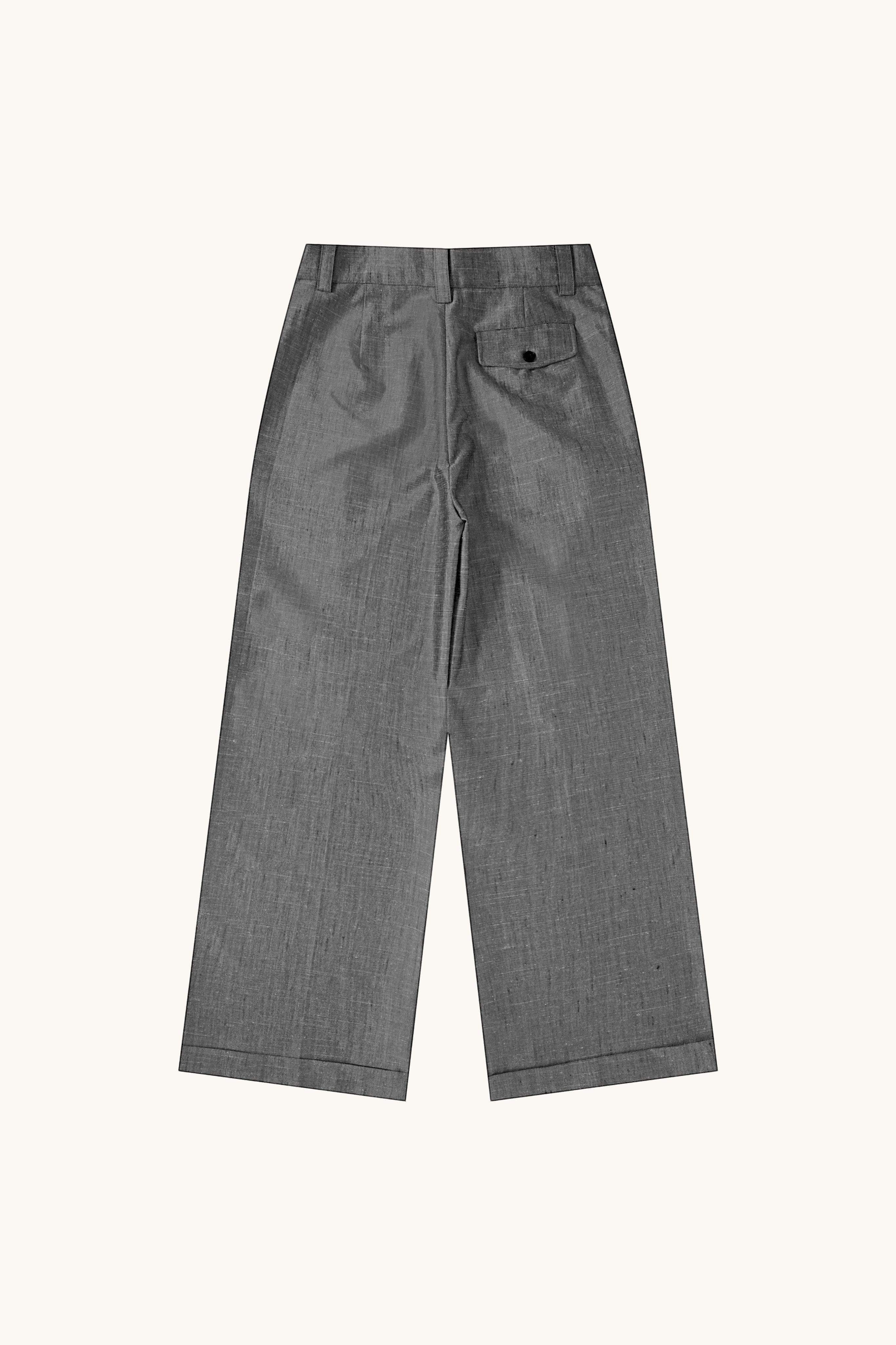 MEG.S grey wool-silk blend pleated chino trousers with a wide, straight cut and a single back pocket.