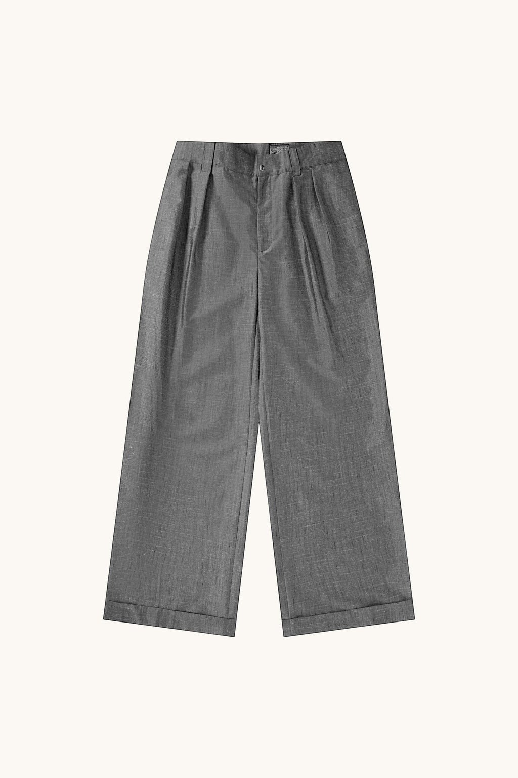MEG.S grey wool-silk blend pleated chino trousers with a wide, straight cut and ball-drop zipper fly.