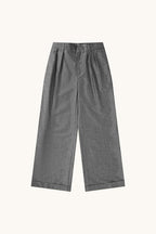 MEG.S grey wool-silk blend pleated chino trousers with a wide, straight cut and ball-drop zipper fly.
