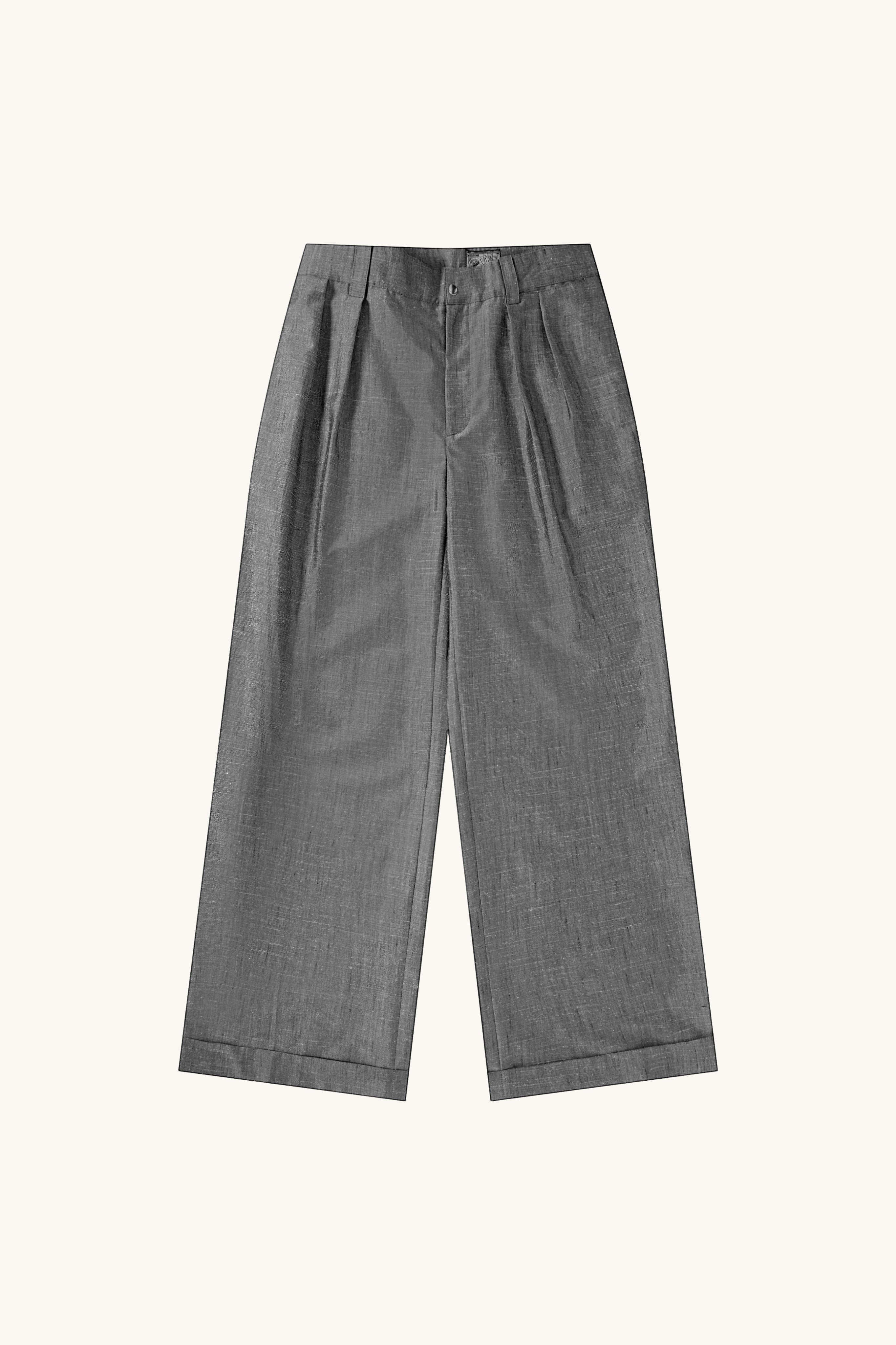 MEG.S grey wool-silk blend pleated chino trousers with a wide, straight cut and ball-drop zipper fly.