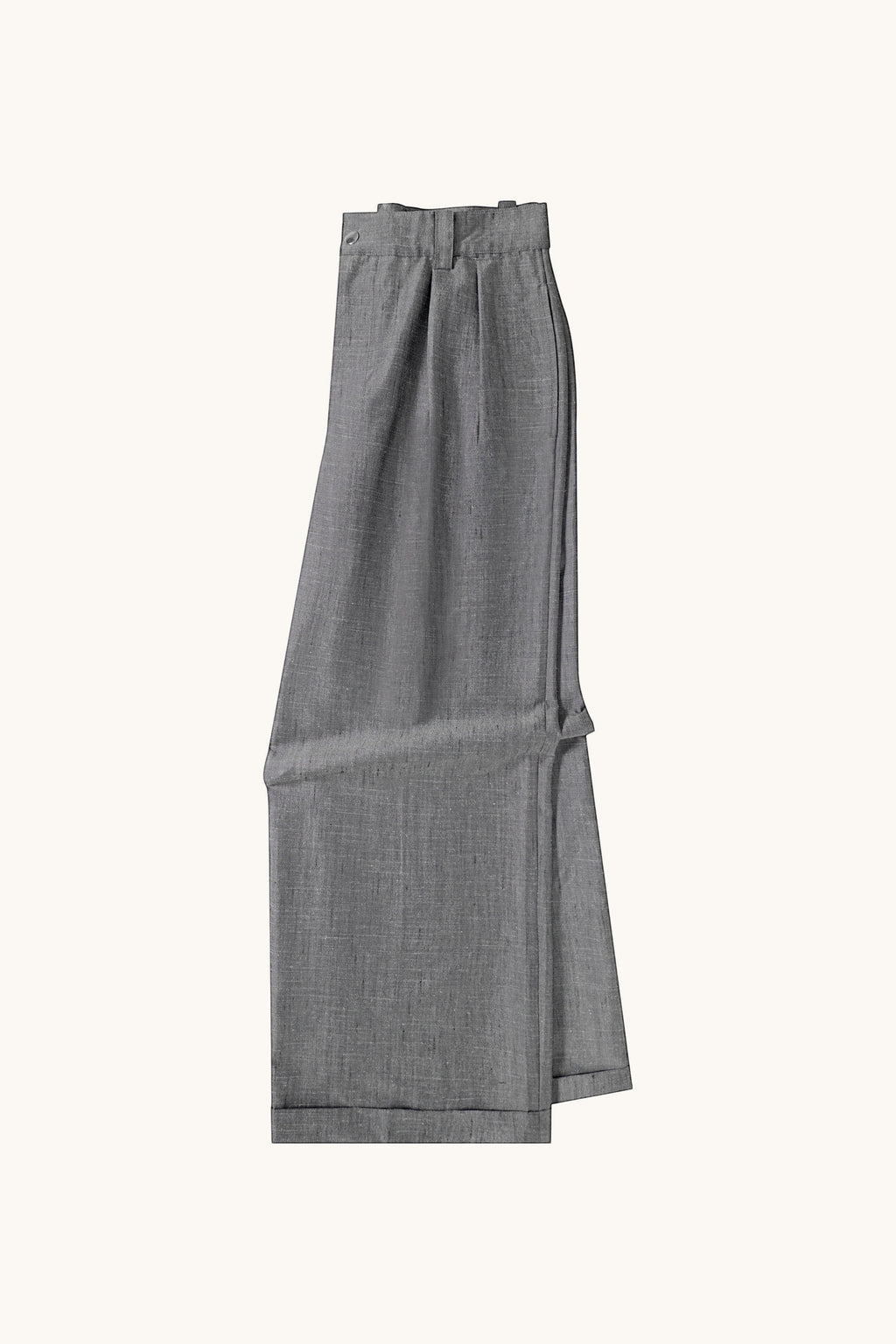 MEG.S grey wool-silk blend pleated chino trousers with a wide, straight cut and ball-drop zipper fly.