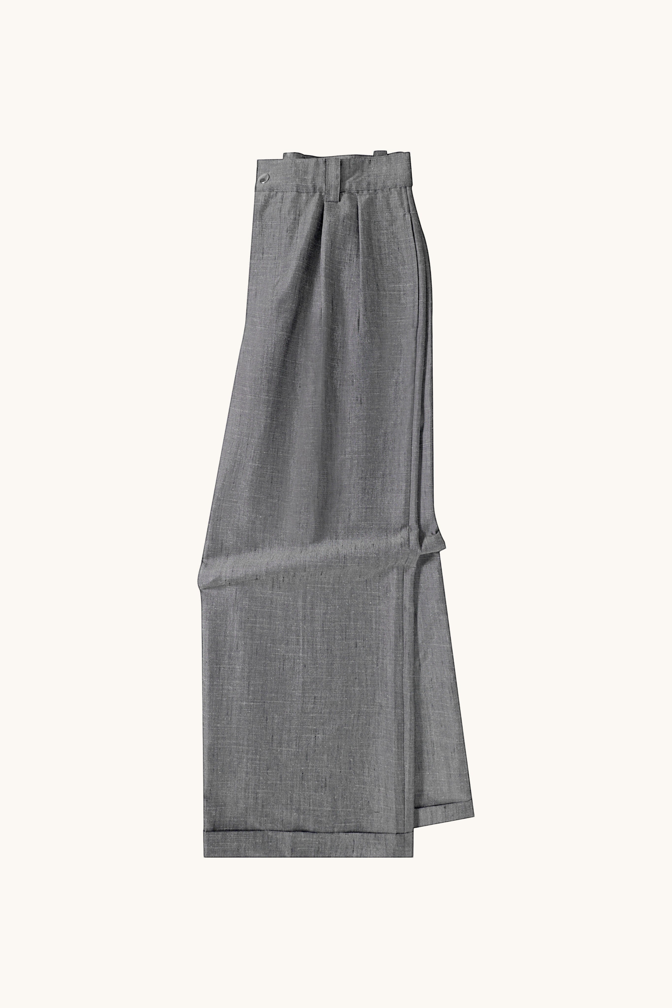 MEG.S grey wool-silk blend pleated chino trousers with a wide, straight cut and ball-drop zipper fly.